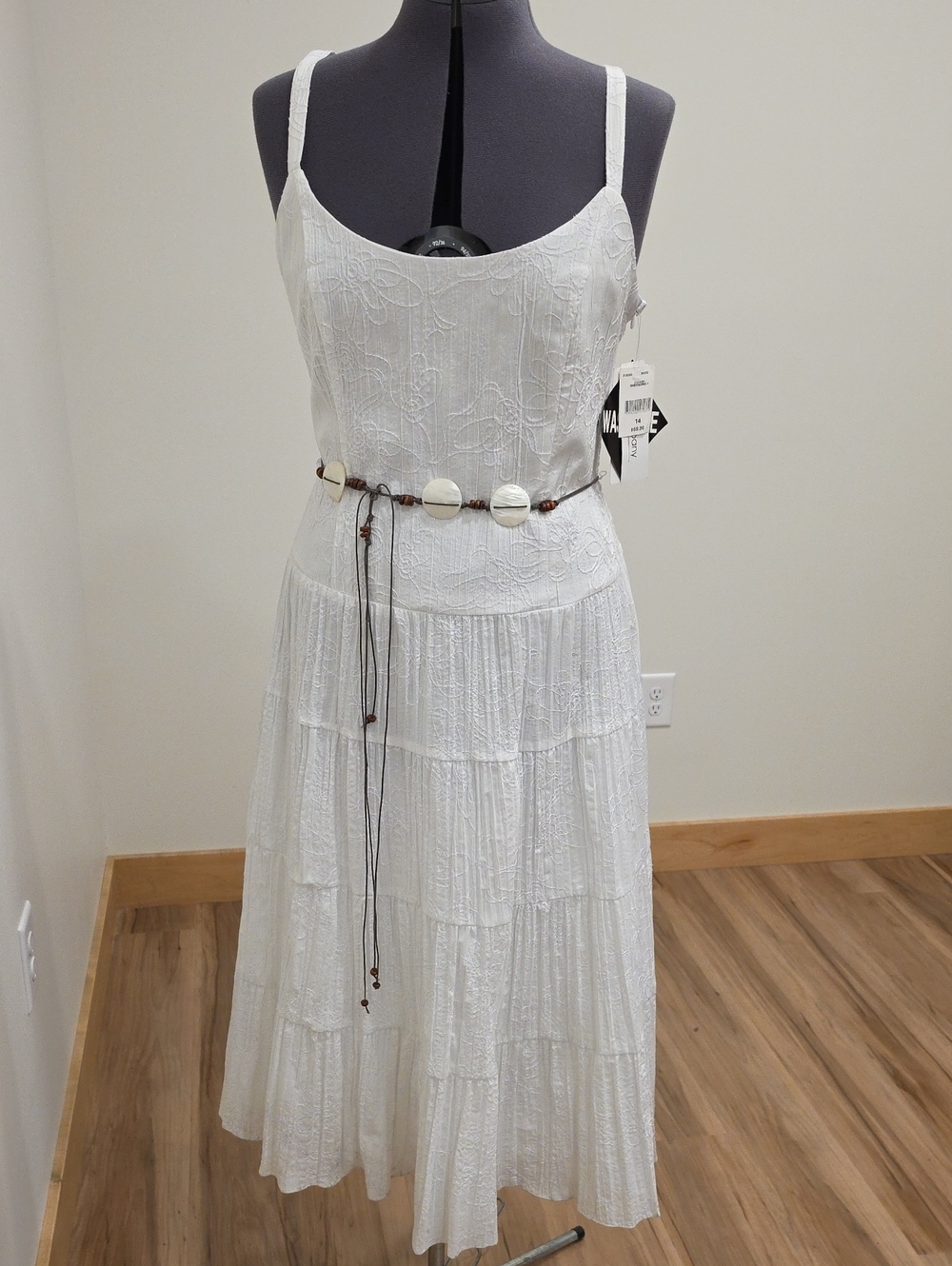 White Tiered Midi Dress with Shell Accent Belt